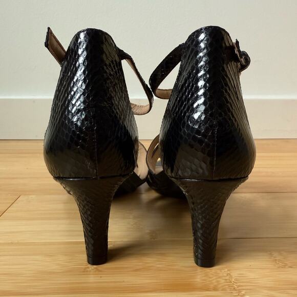 AEROSOLES PASSIONFRUIT SANDALS BLACK SNAKESKIN PATENT HEELS SIZE 9 - Picture 7 of 9